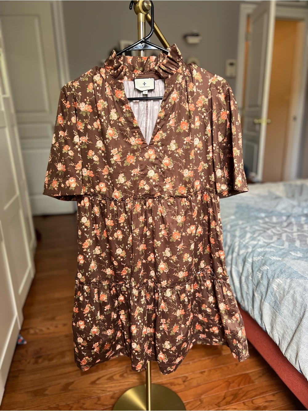 Tuckernuck Brown Ruffle-Neck Crawford Dress with Peach Floral Accents - Size Sma